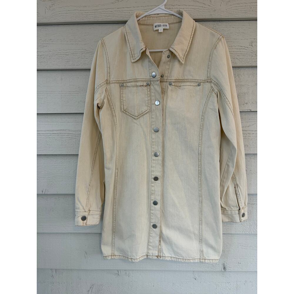 Whiteroom + Cactus Cotton Denim Shirt Dress Beige Snap Button Utility Size M - Picture 4 of 10